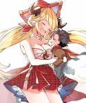  1boy 1girl 961sk_q black_hair blonde_hair breasts cleavage closed_eyes draph granblue_fantasy hallessena hat horns large_breasts long_hair low_twintails plaid plaid_skirt pointy_ears scarf skirt smile tetsurou_(granblue_fantasy) toddler twintails 
