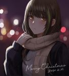  1girl blue_jacket blush brown_eyes brown_hair brown_scarf christmas dated english_text eyebrows_visible_through_hair girls_frontline holding holding_clothes holding_scarf jacket long_hair looking_at_viewer m4a1_(girls_frontline) merry_christmas multicolored_hair scarf selcky solo 