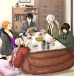  5boys ^_^ black_gloves black_hair book bottle bridal_gauntlets brown_hair chest_of_drawers closed_eyes cup drinking food gloves highres ima-no-tsurugi ishikirimaru iwatooshi japanese_clothes kogitsunemaru kotatsu male_focus mikazuki_munechika multiple_boys orange_hair pillow plate ponytail pouring red_eyes sitting smile sunomata table tea teacup teapot touken_ranbu twitter_username wagashi white_hair youkan_(food) 