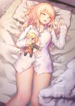  1girl absurdres bed bed_sheet blonde_hair bottomless breasts character_doll dress_shirt erect_nipples gluteal_fold highres long_hair lying medium_breasts messy_hair naked_shirt no_bra on_back on_bed open_mouth pillow ray_(pixiv9514208) rodney_(zhan_jian_shao_nyu) shirt sleeping solo warship_girls_r watermark white_shirt 
