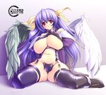  areolae asymmetrical_wings bangs blue_hair blush bow breasts curvy dizzy guilty_gear gunner-l hair_bow huge_breasts long_hair long_sleeves nude red_eyes sitting solo thighhighs thighs underboob wings 