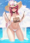  1girl :d ass_visible_through_thighs azur_lane bangs bare_shoulders bikini black_collar blue_sky blush breasts cleavage cloud collar collarbone commentary_request cowboy_shot day eyebrows_visible_through_hair flower green_eyes groin hair_between_eyes hat hat_flower highres holding_strap large_breasts long_hair looking_at_viewer multi-strapped_bikini navel nose_blush ocean official_alternate_costume open_mouth outdoors red_hair reward_available sheer_clothes sidelocks sky smile solo standing stomach straw_hat sun_hat surcouf_(azur_lane) surcouf_(loisirs_balneaires)_(azur_lane) swimsuit takibi_(tamikyo) underboob very_long_hair wading white_bikini 