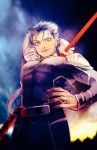 1boy arm_behind_head armor blue_hair bodysuit closed_mouth cu_chulainn_(fate)_(all) earrings fate/stay_night fate_(series) from_below gae_bolg hand_on_hip highres holding holding_polearm holding_weapon jewelry lancer long_hair looking_at_viewer male_focus marimoris muscular pauldrons polearm polearm_behind_back red_eyes shoulder_armor skin_tight sky smile solo spiked_hair type-moon weapon 
