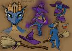  anthro bottomwear broom cleaning_tool clothing female glowing glowing_eyes green_eyes hat headgear headwear horn kobold magic_user meme multicolored_body multicolored_scales multiple_poses nude pose potion purple_clothing scales scalie skirt solo tamlin123 two_tone_body two_tone_scales witch witch_hat 