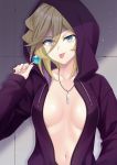  1girl :p blonde_hair blue_eyes breasts candy carol_malus_dienheim food highres hood hood_up hoodie jewelry large_breasts lollipop long_hair looking_at_viewer miona_yui mole mole_under_eye naked_hoodie navel necklace older open_clothes open_hoodie purple_hoodie senki_zesshou_symphogear shiny shiny_hair shiny_skin smile solo tongue tongue_out 