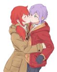 2girls absurdres alternate_costume blush cheek_kiss couple croix_meridies green_eyes highres jacket kiss little_witch_academia long_hair looking_at_another medium_hair multiple_girls oishii_tuna purple_hair red_hair shiny_chariot simple_background ursula_charistes very_long_hair white_background yuri 