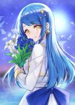  1girl bangs blue_bow blue_hair blue_sky blunt_bangs blush bouquet bow commentary_request dress eyebrows_visible_through_hair fish_earrings flower holding holding_bouquet jacket live_union long_hair looking_at_viewer ocean sidelocks sky smile sunlight toto_setono_(live_union) uruha_(yw1109) virtual_youtuber white_dress white_jacket yellow_eyes 