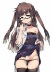  1girl asai_(asai29302179) black_panties blue_dress blue_eyes breasts brown_hair choker commentary_request dress dress_lift girls_frontline glasses hair_ornament hairclip highres lifted_by_self long_hair looking_at_viewer navel off_shoulder panties small_breasts smile solo thighhighs thong type_59_pistol_(girls_frontline) underwear 
