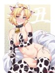  1girl animal_ears animal_print bell bell_collar bikini black_collar blonde_hair blush breasts clenched_teeth collar cow_ears cow_horns cow_print cow_tail eyebrows_visible_through_hair fake_animal_ears fake_horns green_eyes highres horns large_breasts mizuhashi_parsee navel nose_blush ootsuki_wataru pointy_ears short_hair side-tie_bikini sitting solo sweatdrop swimsuit tail teeth thighhighs touhou wavy_mouth 