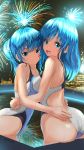  2girls asymmetrical_docking blue_eyes blue_hair breast_press cityscape commentary_request competition_swimsuit cowboy_shot earrings fireworks garter-velvet highres hug jewelry long_hair looking_at_viewer multiple_girls night one-piece_swimsuit open_mouth original outdoors pool round_teeth star_(symbol) star_earrings swimsuit teeth twintails two-tone_swimsuit upper_teeth water white_swimsuit 