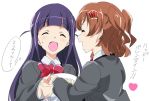  2girls aijou_karen bangs blunt_bangs blush brown_hair closed_eyes commentary_request holding_hands long_hair multiple_girls open_mouth purple_hair school_uniform short_hair shoujo_kageki_revue_starlight smile translation_request tsuyuzaki_mahiru two_side_up umanosuke yuri 