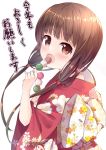  1girl alternate_costume bangs blunt_bangs blush bow brown_eyes brown_hair commentary_request dango eating eyebrows_visible_through_hair floral_print food from_side highres holding holding_food iino_miko japanese_clothes kaguya-sama_wa_kokurasetai_~tensai-tachi_no_renai_zunousen~ kimono large_bow long_hair long_sleeves looking_at_viewer low_twintails obi open_mouth pink_kimono print_kimono sanshoku_dango sash simple_background sleeves_rolled_up solo translation_request twintails upper_body wagashi wari_(nirodo26) white_background wide_sleeves 