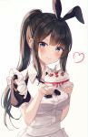  1girl absurdres animal_ears black_hair blue_eyes blush bunny_ears cake closed_mouth food head_tilt heart highres holding holding_cake holding_food long_hair maid original ponytail simple_background smile solo wabbajack white_background 