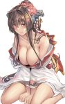  1girl bare_shoulders blush breasts brown_eyes brown_hair cherry_blossoms cleavage closed_mouth collarbone commentary_request eyebrows_visible_through_hair floral_print flower hair_flower hair_intakes hair_ornament headgear highres japanese_clothes kantai_collection kimono kokuzou large_breasts long_hair looking_at_viewer off_shoulder ponytail simple_background sitting socks solo very_long_hair white_background white_legwear yamato_(kantai_collection) 