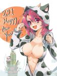  1girl animal_ears animal_print blaze_(artist) breasts cow_ears cow_girl_(goblin_slayer!) cow_horns cow_print cow_tail goblin_slayer! highres hood hoodie horns large_breasts long_hair navel open_mouth pink_eyes pink_hair short_hair solo tail 