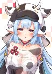  1girl :o animal_ears animal_print blue_hair blush breasts collarbone commentary_request cow_ears cow_hood cow_print detached_sleeves draph ear_piercing eyebrows_visible_through_hair granblue_fantasy highres large_breasts long_hair looking_at_viewer piercing purple_eyes shatola_(granblue_fantasy) sheer_clothes solo stardrop upper_body 