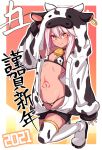  1girl 2021 animal_print bell bell_collar bikini black_collar boots breasts chawan_(yultutari) chloe_von_einzbern collar commentary_request cow_hood cow_horns cow_print dark_skin dark_skinned_female eyebrows_visible_through_hair fate/kaleid_liner_prisma_illya fate_(series) full_body hair_between_eyes hand_up highres hood hooded_jacket horns jacket long_hair long_sleeves looking_at_viewer navel pink_hair small_breasts smile solo stomach_tattoo swimsuit tattoo thigh_boots thighhighs translation_request white_footwear white_jacket white_legwear yellow_eyes 