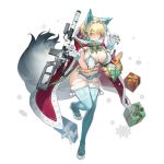  1girl animal_ears apple basket bell blonde_hair blue_eyes blue_legwear bread breasts breath carrot claw_pose cloak cross cross_earrings earrings fake_animal_ears food fruit full_body fur_trim girls_frontline gloves gun hair_bell hair_ornament hairband heart_ring high_heels highres hood hooded_cloak hoodie jewelry jingle_bell large_breasts lolita_hairband looking_at_viewer microskirt mole mole_on_breast mole_under_eye navel official_alternate_costume official_art pom_pom_(clothes) revealing_clothes short_hair siqi_(miharuu) skirt snowflake_hair_ornament solo standing standing_on_one_leg tail thighhighs transparent_background vsk-94_(girls_frontline) weapon white_gloves 