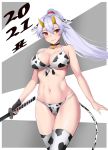  1girl 2021 animal_ears animal_print bare_shoulders bell bell_choker bikini black_choker border breasts chinese_zodiac choker cleavage collarbone cow_ears cow_girl cow_horns cow_print english_commentary fake_animal_ears fake_tail fate/grand_order fate_(series) hair_ornament hair_scrunchie horns large_breasts long_hair matrix16 navel new_year ponytail print_bikini print_legwear red_eyes red_scrunchie scrunchie silver_hair solo swimsuit tail thighhighs tomoe_gozen_(fate/grand_order) two-tone_background white_bikini white_border white_legwear year_of_the_ox 