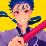  1boy absurdres armor beriko_(cr_beriko) blue_hair close-up cu_chulainn_(fate)_(all) earrings fang fate/stay_night fate_(series) floating_hair gae_bolg grin highres holding holding_polearm holding_weapon jewelry lancer long_hair looking_at_viewer male_focus pauldrons polearm ponytail red_eyes shoulder_armor simple_background slit_pupils smile solo spiked_hair type-moon weapon yellow_background 