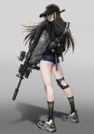  1girl ass assault_rifle baseball_cap black_gloves black_headwear black_jacket black_legwear blue_shorts brown_eyes brown_hair closed_mouth dolphin_shorts floating_hair from_behind full_body girls_frontline gloves gradient gradient_background grey_background gun hat holding holding_gun holding_weapon hood hood_down hooded_jacket jacket knapsack knee_pads long_hair long_sleeves looking_at_viewer looking_back m2_(guvn5745) m4_carbine m4a1_(girls_frontline) multicolored_hair object_namesake rifle scope shadow shoes short_shorts shorts sneakers socks solo standing streaked_hair thighs weapon 