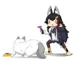  1girl animal_ear_fluff animal_ears black_hair cat hair_ornament hairclip highres hololive hood hoodie long_hair moroyan multicolored_hair ookami_mio open_mouth pantyhose red_hair shears streaked_hair sweat tail virtual_youtuber white_background wolf_ears wolf_girl wolf_tail 