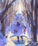  1girl absurdres antlers black_legwear black_mittens coat earmuffs forest full_body fur_trim hands_together highres long_hair mittens nature original outdoors pantyhose pixerite scarf silver_eyes silver_hair smile snow snowing snowman solo tree white_coat white_scarf 