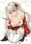  1girl azur_lane bare_shoulders black_hair blush bodypaint breasts calligraphy_brush cleavage closed_mouth collarbone commentary_request covered_nipples flower formidable_(azur_lane) full_body hair_flower hair_ornament highres holding holding_brush ink japanese_clothes kimono kneeling large_breasts long_sleeves looking_at_viewer off_shoulder open_clothes open_kimono paintbrush parfaitlate petals red_eyes red_flower red_kimono silver_hair solo thighhighs white_background white_legwear 