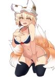  1girl absurdres agu_(antyosan) animal_ears bikini black_legwear blonde_hair blue_bikini blush breasts cleavage commentary_request covering covering_crotch embarrassed fang fox_ears fox_girl fox_tail frilled_bikini frills groin hair_between_eyes hand_on_own_chest highres kitsune kneeling leaning_forward looking_at_viewer medium_breasts medium_hair multiple_tails navel open_mouth side-tie_bikini simple_background solo swimsuit tail thighhighs thighs tiptoes touhou undersized_clothes wet white_background yakumo_ran yellow_eyes 