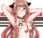  1girl animal_ears arms_behind_head bangs bell bikini blunt_bangs breasts brown_eyes brown_hair commentary_request cow_ears cow_horns cowbell embarrassed facing_viewer fake_animal_ears fake_horns happy_new_year helena_(kantai_collection) highres horns kantai_collection long_hair medium_breasts micro_bikini new_year owada_(kousonhuchi) solo star_(symbol) swimsuit upper_body white_bikini 