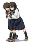  2girls adapted_costume alternate_sleeve_length black_hair black_legwear blue_neckwear blue_sailor_collar blue_skirt braid brown_eyes brown_hair brown_neckwear closed_eyes commentary_request grin hug kantai_collection kozou_(rifa) long_hair long_skirt long_sleeves miyuki_(kantai_collection) multiple_girls neckerchief one_eye_closed pleated_skirt sailor_collar school_uniform serafuku short_hair simple_background single_braid skirt smile socks uranami_(kantai_collection) white_background 