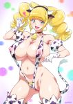  1girl :d animal_ears animal_print ass_visible_through_thighs bare_shoulders bell bell_choker blonde_hair blush breasts choker cleavage covered_nipples cow_ears cow_horns cow_print cow_tail cure_sparkle earrings fake_animal_ears fang female_pubic_hair gloves green_eyes healin&#039;_good_precure highres horns jewelry joy_ride large_breasts looking_at_viewer navel open_mouth precure pubic_hair slingshot_swimsuit smile solo swimsuit tail thighhighs twintails 