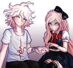  1boy 1girl bangs belt black_bow black_legwear blonde_hair bow bowtie braid brown_pants closed_eyes collarbone commentary crazy_eyes danganronpa_(series) danganronpa_2:_goodbye_despair french_braid gradient gradient_background grey_background hair_between_eyes hair_bow hair_ornament hand_up holding_hand komaeda_nagito ktokei_(kurokku-tokei) long_hair nail_polish over-kneehighs painting_nails pale_skin pants print_shirt puffy_short_sleeves puffy_sleeves red_bow red_nails shirt short_hair short_sleeves sitting smile sonia_nevermind thighhighs white_belt white_hair white_shirt 