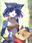  1boy 1girl :3 animal_ear_fluff animal_ears animal_nose aqua_eyes arm_tattoo armor bandana bandeau bangs bare_shoulders blonde_hair blue_fur blue_hair blurry blurry_background body_fur breasts brown_fur choker circlet closed_eyes closed_mouth collarbone commentary_request crystal day emerald_(gemstone) eyebrows_visible_through_hair fox_boy fox_ears fox_girl fox_mccloud fox_tail furry gem green_background hairband hand_on_another&#039;s_head happy high_collar highres jacket jewelry krystal lap_pillow looking_at_another looking_down namagaki_yukina necklace open_clothes open_jacket outdoors parted_lips revision ruby_(gemstone) scratches shiny shiny_hair short_hair shoulder_armor small_breasts smile snout solo_focus star_fox tail tattoo tribal two-tone_fur upper_body vambraces white_fur white_jacket yellow_choker yellow_fur yellow_hairband 