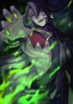  1boy absurdres alternate_eye_color ashiya_douman_(fate) asymmetrical_clothes asymmetrical_hair black_eyes black_hair blurry_foreground curly_hair earrings evil_smile fate/grand_order fate_(series) fingernails fire green_eyes green_fire green_kimono green_lipstick green_nails hair_between_eyes hair_intakes highres huge_filesize japanese_clothes jewelry kimono lipstick long_hair magatama magatama_earrings makeup male_focus multicolored_hair open_clothes open_kimono ribbed_sleeves sharp_fingernails smile solo toned toned_male tsurimenico two-tone_hair upper_body very_long_fingernails very_long_hair white_hair 