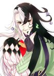  1boy absurdres androgynous ashiya_douman_(fate) asymmetrical_clothes asymmetrical_hair bell black_hair black_sclera colored_sclera curly_hair earrings fate/grand_order fate_(series) fingerless_gloves fingernails gloves green_eyeshadow green_kimono green_lipstick green_nails hair_bell hair_between_eyes hair_intakes hair_ornament highres ico_(cicic_o) japanese_clothes jewelry kimono lipstick long_hair magatama magatama_earrings makeup male_focus multicolored_hair open_clothes open_kimono red_pupils ribbed_sleeves sharp_fingernails single_fingerless_glove smile solo two-tone_hair upper_body very_long_fingernails very_long_hair white_hair 