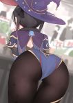  1girl ass ass_focus bent_over black_hair black_legwear blue_headwear blue_leotard blurry capelet depth_of_field detached_sleeves earrings from_behind genshin_impact hair_ribbon hat highres jewelry kanju leotard long_hair mona_(genshin_impact) pantyhose purple_headwear ribbon solo standing thigh_gap twintails witch_hat 