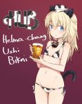  1girl alcohol alternate_costume animal_ears animal_print beer bell bikini blonde_hair blue_eyes blush bottle cat_ears cat_girl cat_tail cow_ears cow_girl cow_print cowbell cowboy_shot cup eyebrows_visible_through_hair flat_chest groin hat helma_lennartz holding long_hair looking_at_viewer lowleg lowleg_bikini navel red_background shimada_fumikane side-tie_bikini simple_background smile solo strike_witches swimsuit tail world_witches_series 