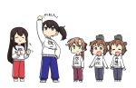  5girls akagi_(kantai_collection) akigumo_(kantai_collection) alternate_costume bangs breasts brown_eyes brown_hair closed_eyes clothes_writing dual_persona eyebrows_visible_through_hair green_eyes hair_ribbon hamu_koutarou headgear kaga_(kantai_collection) kantai_collection long_hair long_sleeves multiple_girls open_mouth pants ponytail remodel_(kantai_collection) ribbon short_hair side_ponytail simple_background smile standing sweat sweater tan_yang_(kantai_collection) track_pants upper_teeth white_background white_sweater yukikaze_(kantai_collection) 