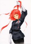  1girl belt black_belt breasts clenched_hand floating_hair gaw_ha_leecee gloves grey_eyes heavy_metal_l-gaim holding holding_hair looking_down marker_(medium) narakenmin red_hair small_breasts smile solo traditional_media uniform white_background white_gloves 