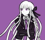  1girl bangs black_gloves black_jacket black_ribbon blunt_bangs braid closed_mouth collared_shirt commentary crossed_arms danganronpa:_trigger_happy_havoc danganronpa_(series) doodle gloves hair_ornament hair_ribbon jacket kirigiri_kyouko ktokei_(kurokku-tokei) long_hair long_sleeves necktie official_style open_clothes open_jacket pink_background purple_background purple_eyes ribbon shirt side_braid simple_background single_braid solo upper_body white_shirt 