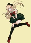  1girl :o bangs black_legwear blonde_hair bow braid collared_shirt commentary commission danganronpa_(series) danganronpa_2:_goodbye_despair dress dress_tug floating_hair foot_up full_body green_dress ktokei_(kurokku-tokei) long_hair looking_down mary_janes official_style open_mouth over-kneehighs puffy_short_sleeves puffy_sleeves red_bow red_footwear red_neckwear shirt shoes short_sleeves simple_background sitting skirt solo sonia_nevermind thighhighs upper_teeth v_arms yellow_background 
