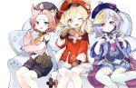  3girls ;d ahoge animal_ears bag bare_shoulders bead_necklace beads blonde_hair braid braided_ponytail cabbie_hat cat_ears couch detached_sleeves diona_(genshin_impact) dress genshin_impact gloves hair_ornament hat jewelry jiangshi klee_(genshin_impact) long_sleeves looking_at_viewer mitu_yang multiple_girls necklace one_eye_closed open_mouth paw_print pointy_ears purple_eyes purple_hair qiqi red_eyes shorts sitting smile symbol-shaped_pupils thighhighs tied_hair twintails 