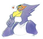  &lt;3 2020 5_fingers anthro avian beak bird blue_body blue_feathers clothing eyebrows falco_lombardi feathers fingers half-closed_eyes male narrowed_eyes nintendo red_body red_feathers saffronic shirt sketch smile solo star_fox topwear video_games 