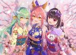  3girls animal_ear_fluff animal_ears bangs blue_bow blue_kimono blush bow breasts brown_hair cellphone dragon_horns fate/extra fate/grand_order fate_(series) floral_print fox_ears fox_girl fox_tail green_hair hair_between_eyes hair_bow hairband horns iincho_(airi8751) japanese_clothes kimono kiyohime_(fate/grand_order) large_breasts long_hair looking_at_viewer multiple_girls multiple_horns obi open_mouth osakabe-hime_(fate/grand_order) phone pink_hair pink_kimono purple_eyes sash self_shot sidelocks smile tail tamamo_(fate)_(all) tamamo_no_mae_(fate) twintails very_long_hair wide_sleeves yellow_eyes yellow_kimono 