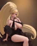  1girl arm_support bangs bare_shoulders black_dress black_nails blonde_hair blush braid breasts cleavage dress evening_gown finger_to_mouth gradient gradient_background heterochromia high_ponytail highres hilda_(under_night_in-birth) huge_breasts long_hair nail_polish roresu sitting swept_bangs thighs under_night_in-birth very_long_hair yellow_background 