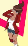  1girl arms_behind_head asahina_aoi bandaid bandaid_on_knee bangs blue_eyes breasts brown_hair cleavage collarbone commentary commentary_request danganronpa:_trigger_happy_havoc danganronpa_(series) dark_skin dark_skinned_female feet_out_of_frame hair_ornament hairclip hands_up jacket kneehighs ktokei_(kurokku-tokei) large_breasts long_sleeves looking_at_viewer multicolored multicolored_background open_clothes open_jacket ponytail red_jacket shirt short_hair short_shorts shorts smile solo white_legwear white_shirt 