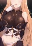  1girl bare_shoulders belt black_background black_shirt black_skirt black_sleeves blonde_hair blush breasts commentary crop_top detached_sleeves finger_to_mouth gloves granblue_fantasy groin head_out_of_frame highres large_breasts long_hair midriff navel shirt simple_background skirt smile solo song_(granblue_fantasy) standing tongue tongue_out uneg upper_body white_belt white_gloves 