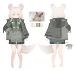  1girl absurdres animal_ear_fluff animal_ears barefoot character_sheet from_behind grey_jacket hand_in_pocket highres hood hooded_jacket jacket mouse_ears mouse_girl multiple_views original personification puremage reference_photo_inset shorts symbol_commentary tail white_background white_eyes white_hair 