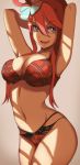  1girl :d arms_up blue_eyes breasts cleavage gym_leader hair_ornament highres large_breasts lingerie open_mouth pokemon pokemon_(game) pokemon_bw red_hair ribbon simple_background skyla_(pokemon) smile solo teeth underwear vivivoovoo 